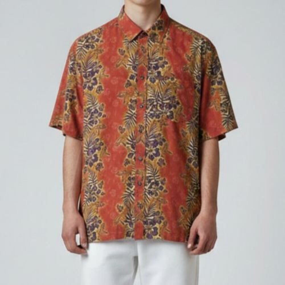 Retro Rifle Tropical Aloha Button Down Shirt Men L Hawaiian Guns Short Sleeve